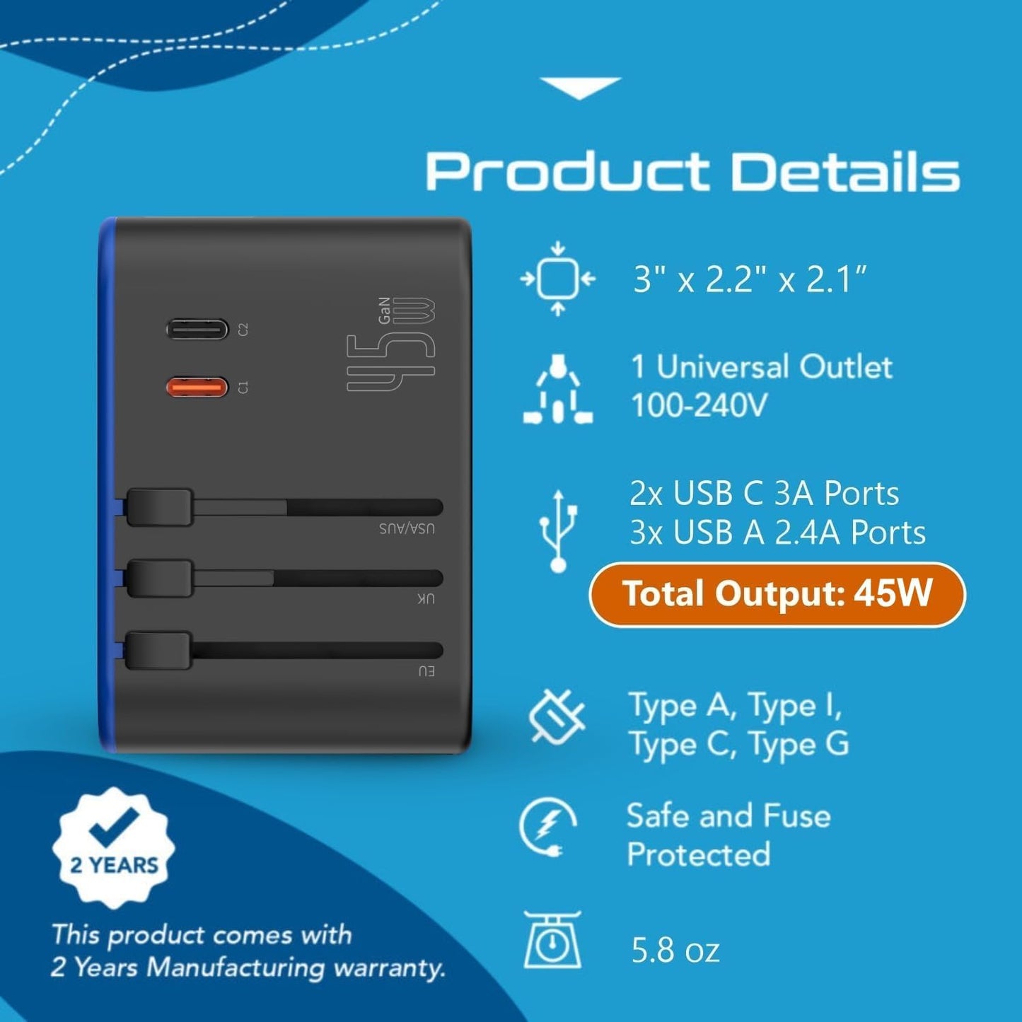 Ceptics Universal Travel Adapter, 45W International Power Adapter with PD & QC 3.0 Dual USB-C, 3 USB Travel Adapter Worldwide, Type I C G A Outlets 110V 220V A/C - EU Euro US UK (11-KU)