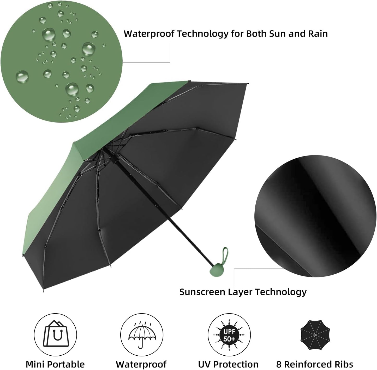 Travel Mini Folding Compact Umbrella with Case, 8 Ribs Lightweight Portable, Small Sun & Rain Pocket Umbrella for Girls and Women