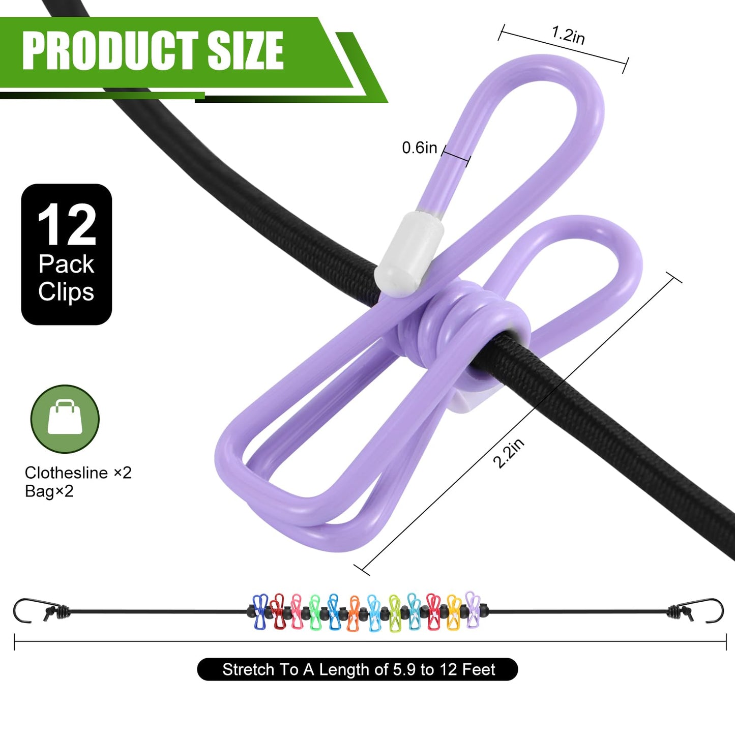 2 Pack Camping Clothesline Portable 12 Clothespins, Colorful