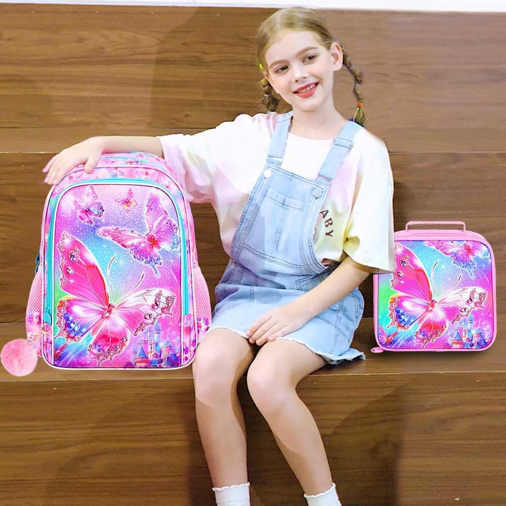 KLFVB 3PCS Butterfly Backpack for Girls, Water Resistant Kids Bookbag with Lunch Box, 16" Preschool Backpacks for Elementary - Butterfly Pink