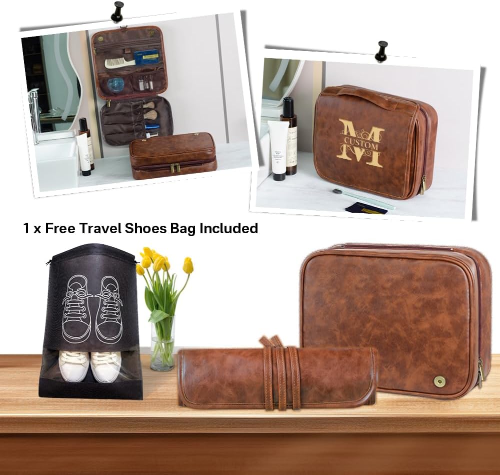 HDSD Custom 3-in-1 PU Leather Toiletry Bag For Men Personalized Hanging Travel Organizer Bag for