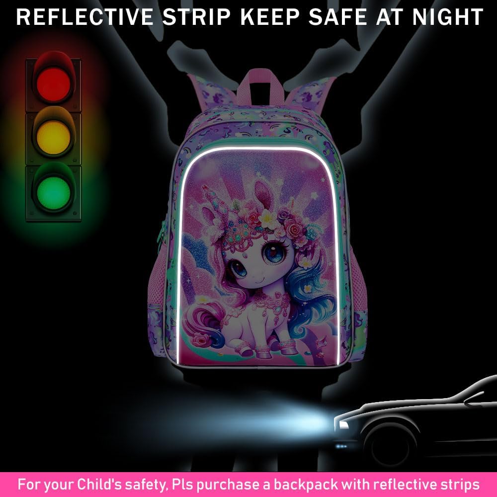 Unicorn Backpack for Girls, 16" Kids Bookbag with Lunch Box,3Pcs School Backpacks for Elementary Preschool Kindergarten (Pink)