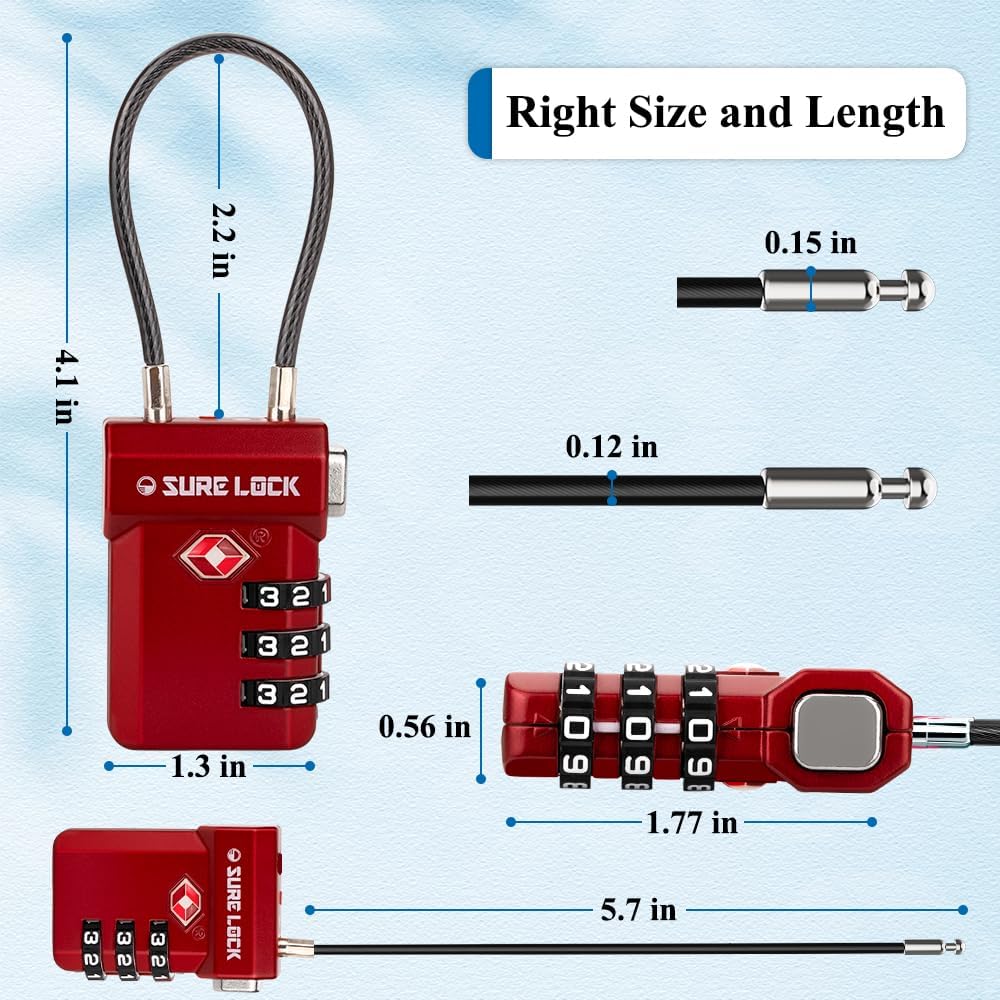 SURE LOCK TSA Approved 3-Digit Combination Luggage Locks – Open Alert Indicator, Re-settable Code with Zinc Alloy Body, Easy-Read Dials for Suitcase, Backpack, Gym Locker & Toolbox (Multiple Colors)