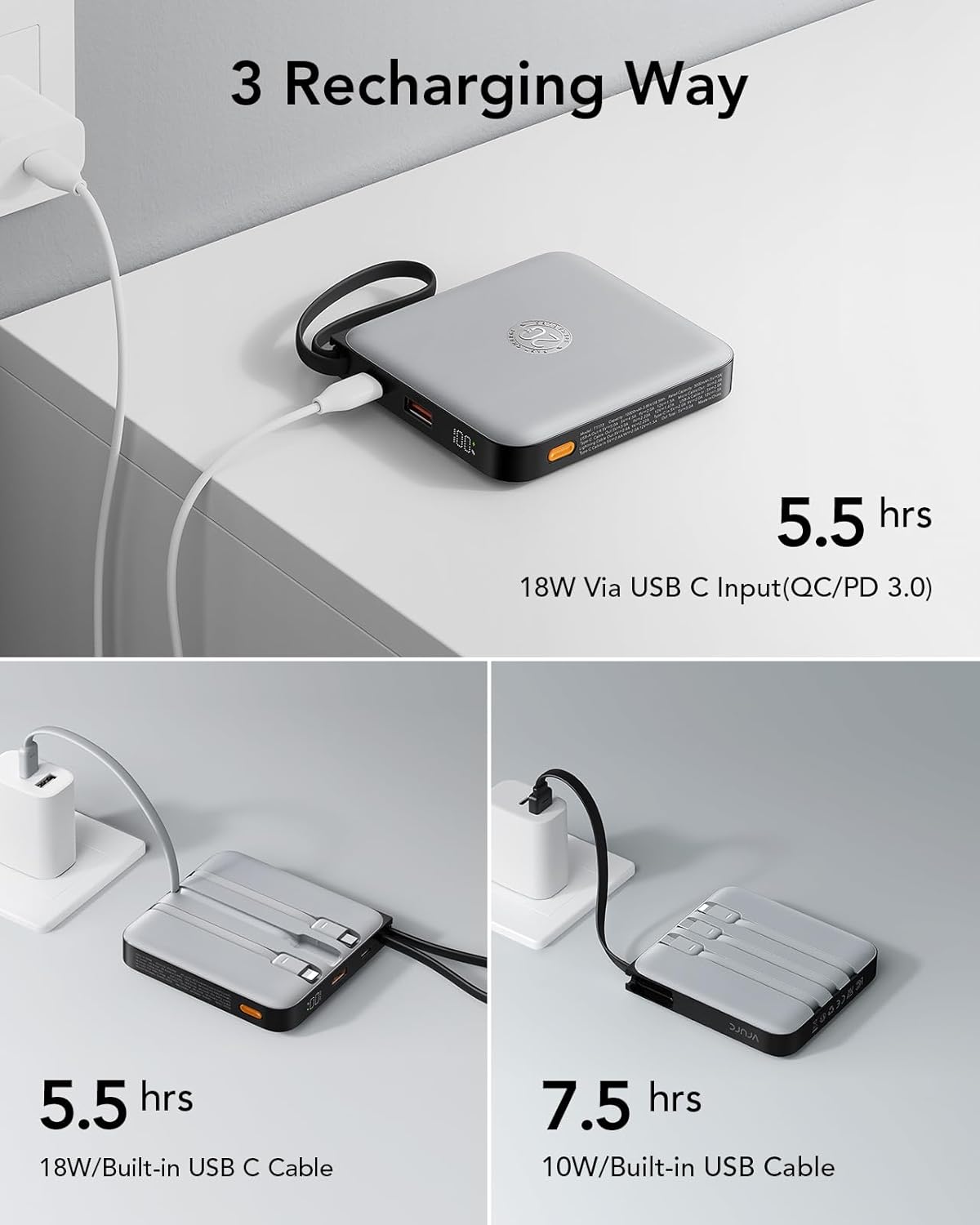 VRURC 20000mAh Portable Phone Charger with 4 Built-in Cables, Power Bank Fast Charging 22.5W USB C Battery Pack, for iPhone 16 15 14 13 12 11 x Samsung Galaxy Series etc, Gray(1 Pack)