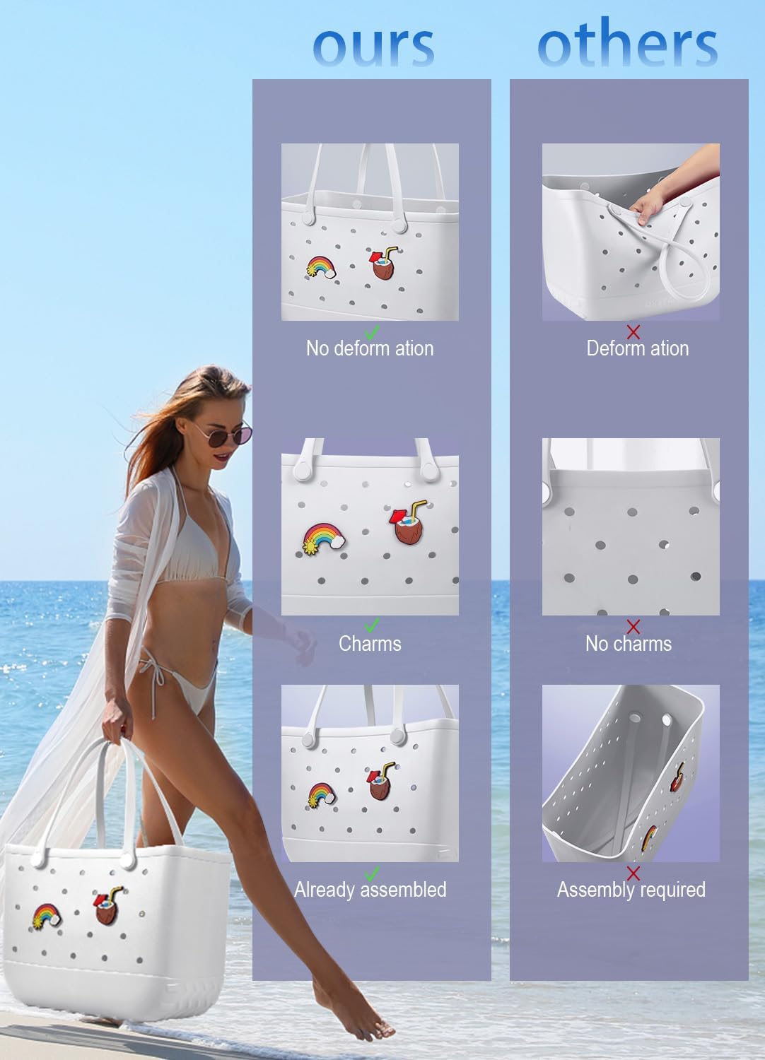 Beach Bag Rubber Tote Bag - Waterproof Travel Bag for Women Washable Tote Bag Handbag for Sports Beach Market Pool