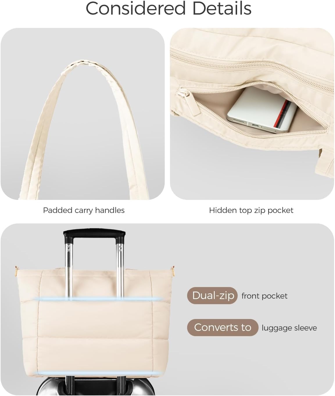 Puffer Tote Bag for Women, Lightweight Quilted Work Purse with Phone Pocket Fits 15.6" Laptop for Nurse Teacher Travel
