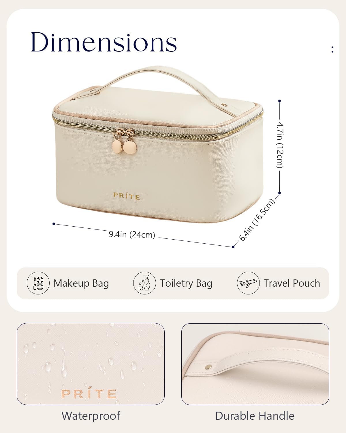 Prite Makeup Bag Portable Cosmetic Organizer with Brush Holder Waterproof Travel Toiletry Bag for Women with Handle and Divider (Beige)