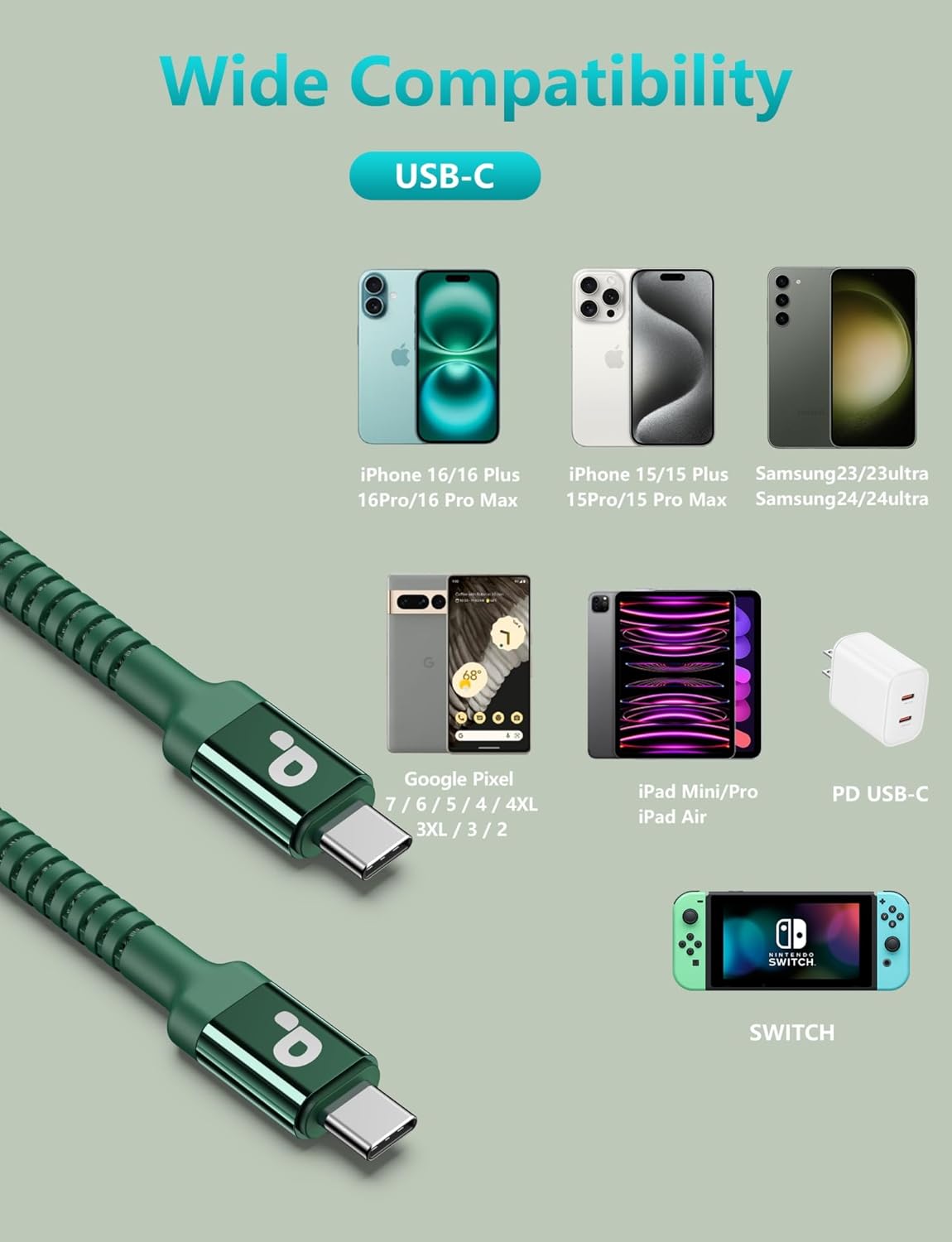 USB C Cable 6FT, 2Pack USBC to USBC Fast Charging Cable, iPhone 16 15 Charger Cable Long Type C Cord Nylon Braided Compatible with iPhone 17/16/15/Pro Max/Plus/Samsung Galaxy S23/LG/Switch-Green