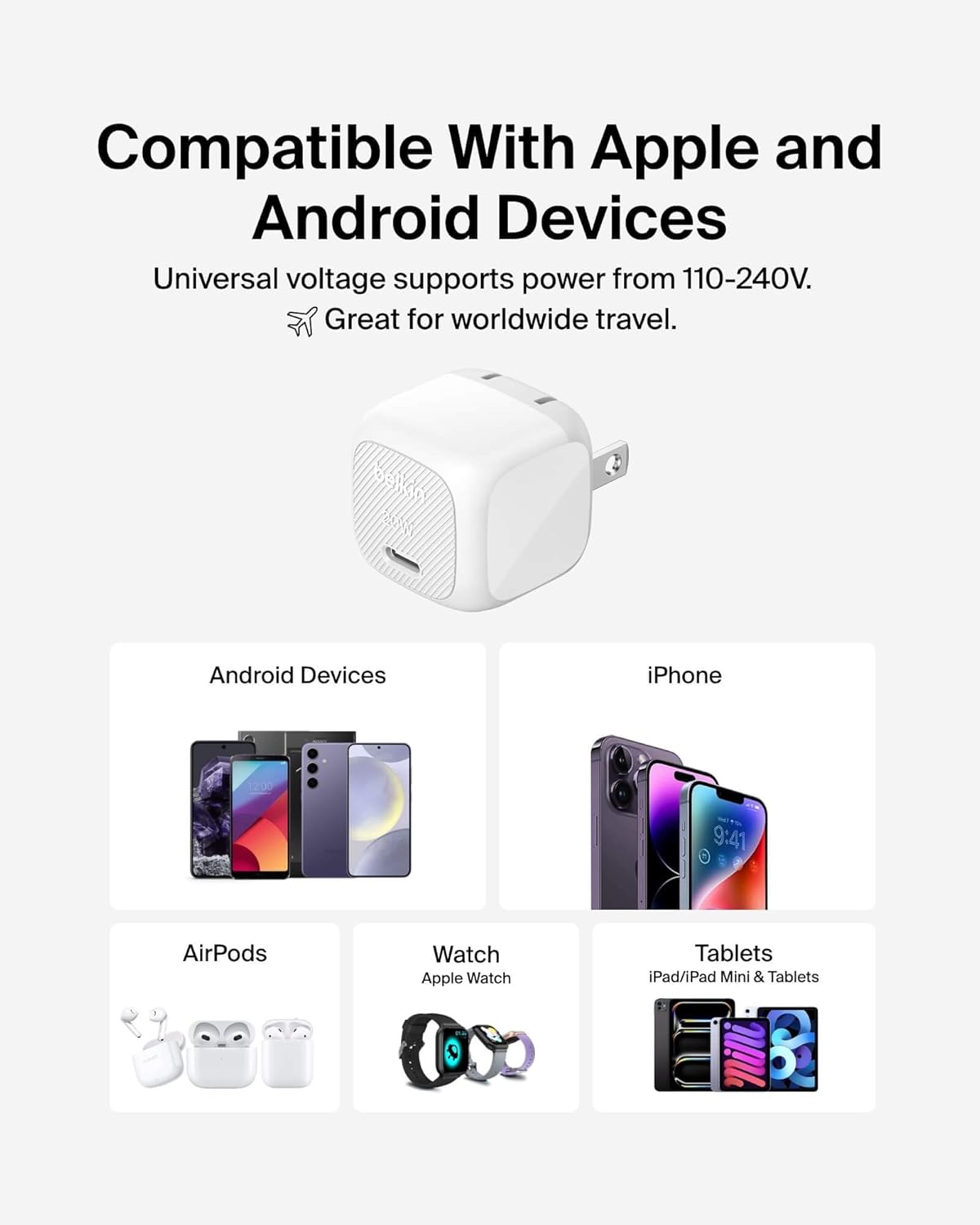 Belkin USB C Charger Block 20W, Fast Charging Block, Type C Wall Charger, Compatible w/Apple iPhone 17, Air, Pro, AirPods, Apple Watch, Samsung Galaxy S25, Google Pixel 10, iPad, AirPods, etc - White