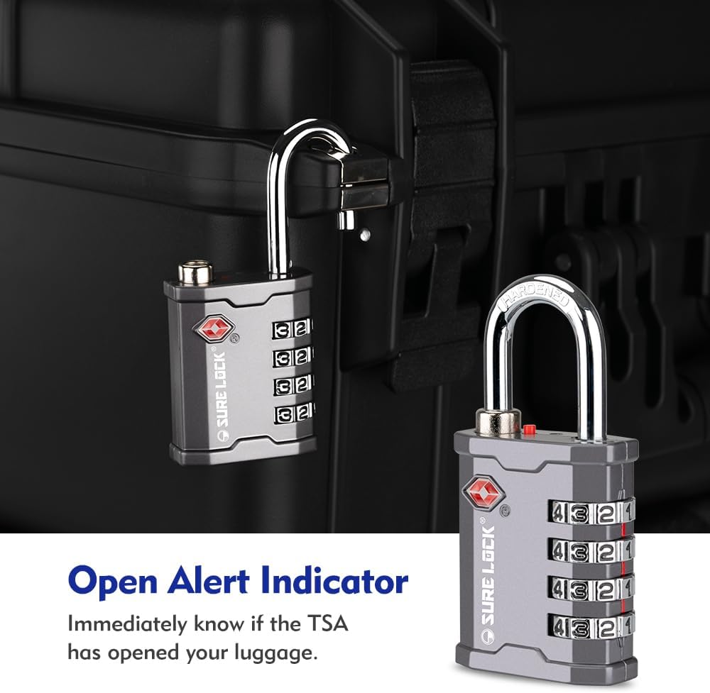 SURE LOCK TSA Accepted 4 Dig Heavy Duty Big Combination Luggage Padlock All Metal Travel Lock for Equipment Hard Case Luggage Gun Case Gym Locker Pelican Vault Lock (2, Grey)
