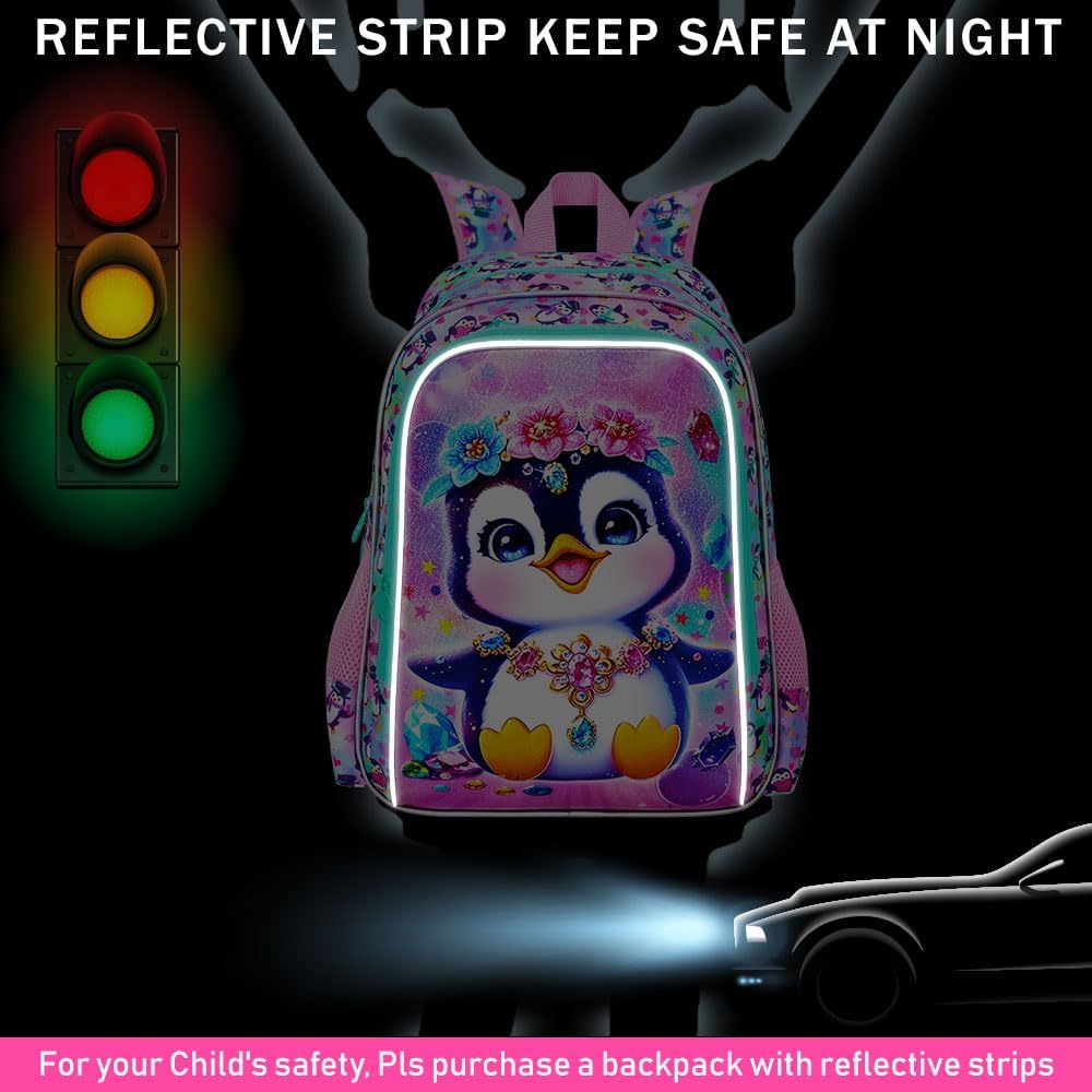 16" Girls Backpack, 16" Kids Bookbag with Lunch Box,Penguin School Backpacks for Elementary Preschool Kindergarten (Pink)