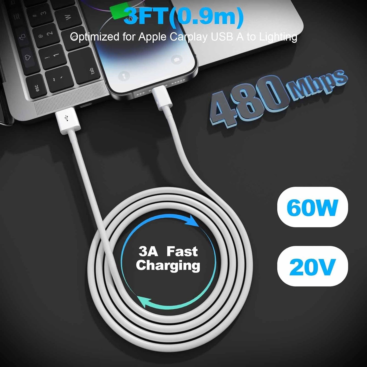 Car Apple Carplay Cable,USB A to Lightning Cable 3FT Compatible with iPhone 14 13 12 11 Pro Max XR XS X Charger Cord,Car Charging Cord