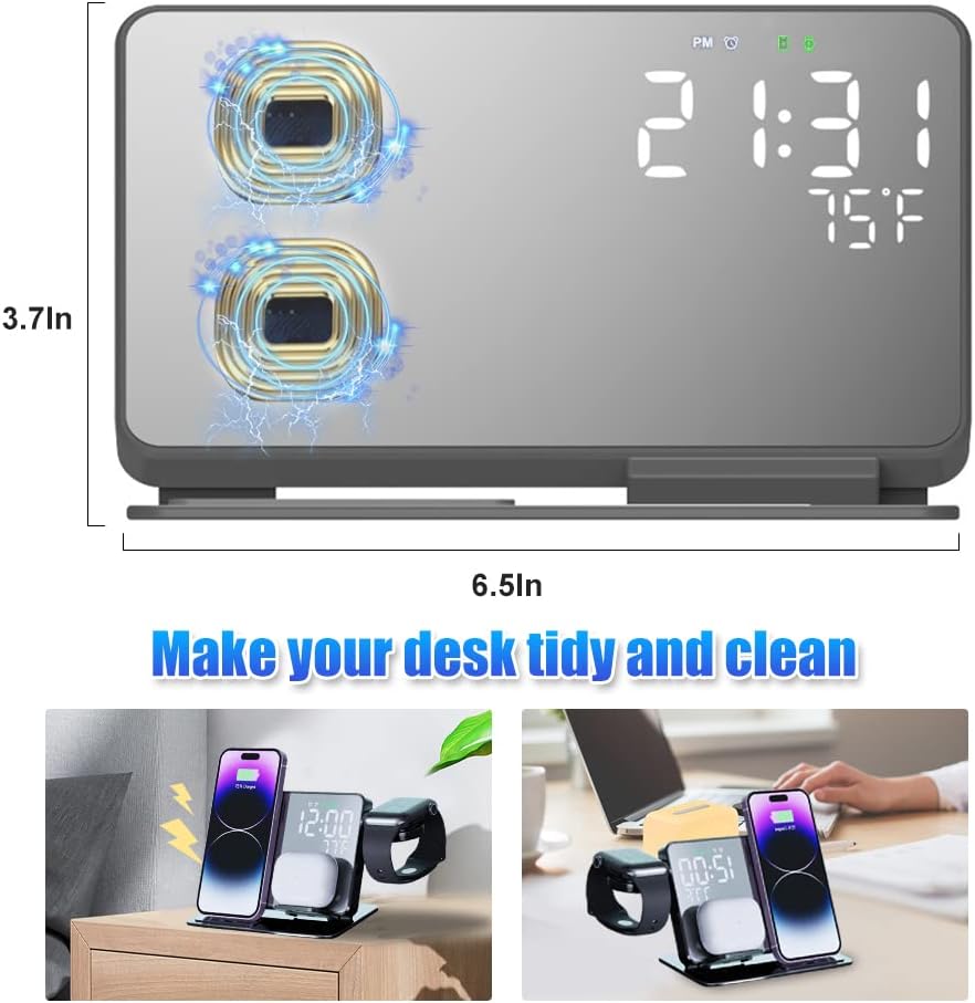 4-in-1 Wireless Charging Station for Apple Devices, 18W Fast Charge Wireless Charger Alarm Clock and Temperature Display, Wireless Charger Stand for iPhone 16 15 14 13 12, Apple Watch