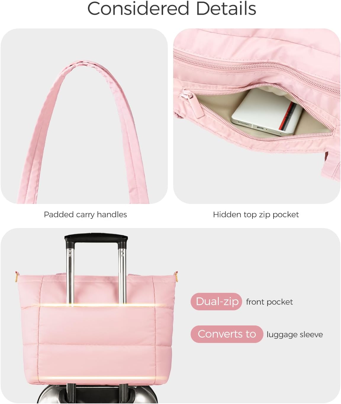 Puffer Tote Bag for Women, Lightweight Quilted Work Purse with Phone Pocket Fits 15.6" Laptop for Nurse Teacher Travel