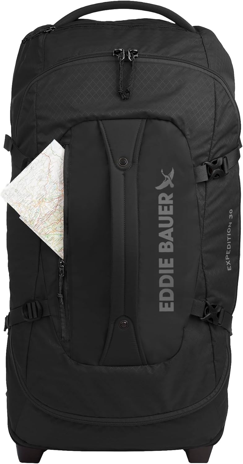 Eddie Bauer Expedition Rolling Duffel Bag with Wheels | Travel | Check-In | Luggage | Rugged | Durable - Black, 30"