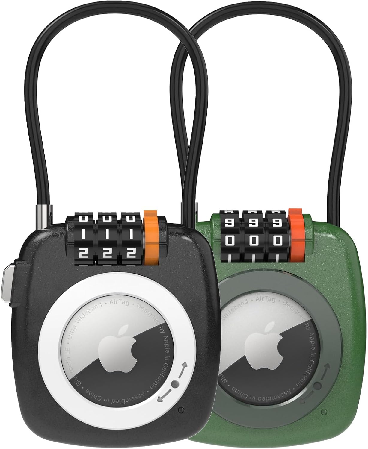 Compatible with Apple AirTag Secure Lock with Wire Cable, 3-Digit Combination Luggage Locks, Alloy Body Ultra Durable Anti-Lost Protective Case for Luggage, Suitcase (Black/Green)