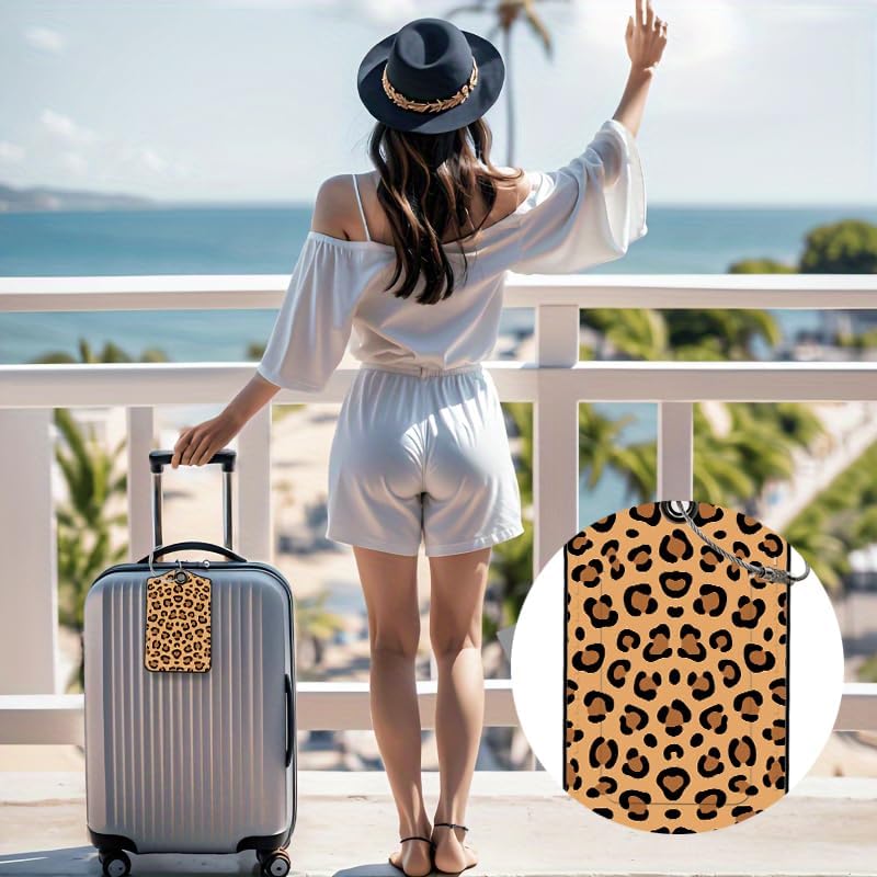2 Pack Leopard Leather Luggage Tags for Suitcases, Travel Bag Tags with Privacy Cover ID Label with Stainless Steel Loop for Women Men Girls Backpack Gift (Pink Bronze)