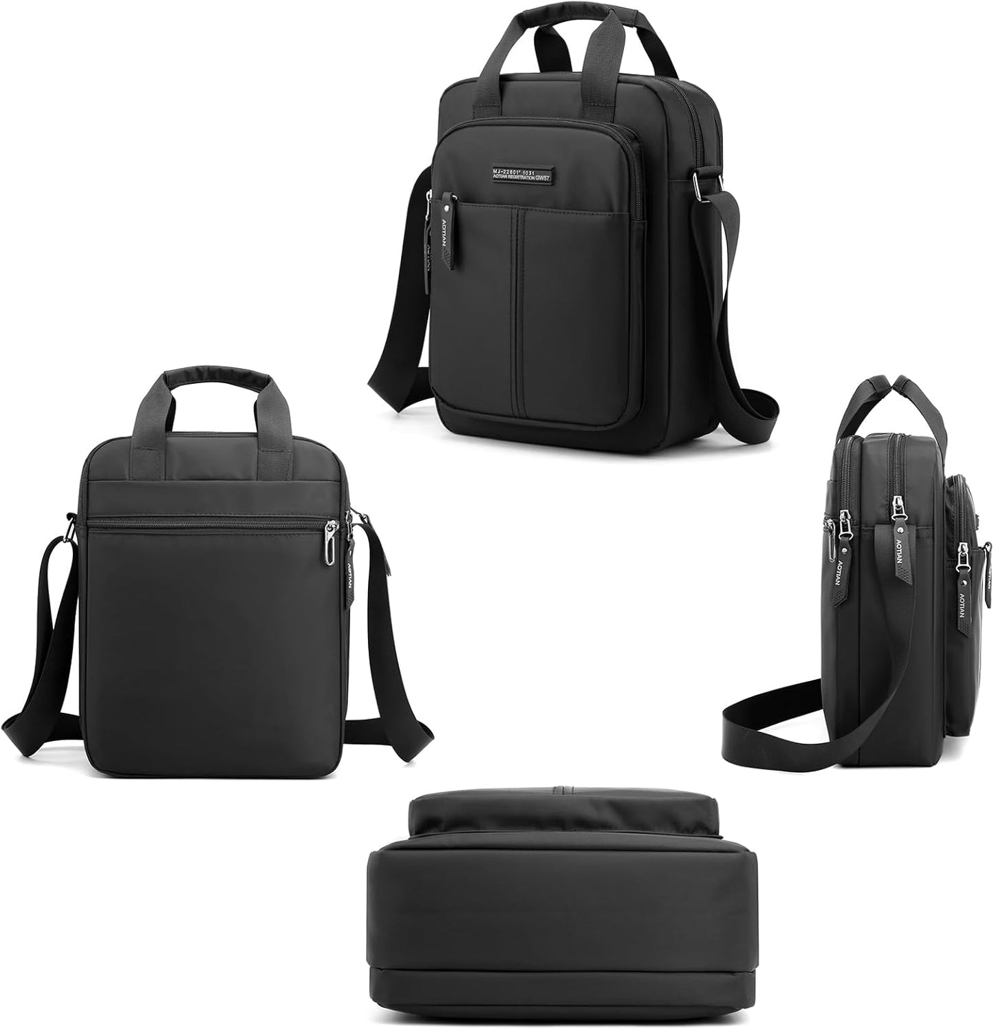 Men's Shoulder Bag Nylon Crossbody Bag Waterproof Casual Black Messenger Bag for Work Travel, Black