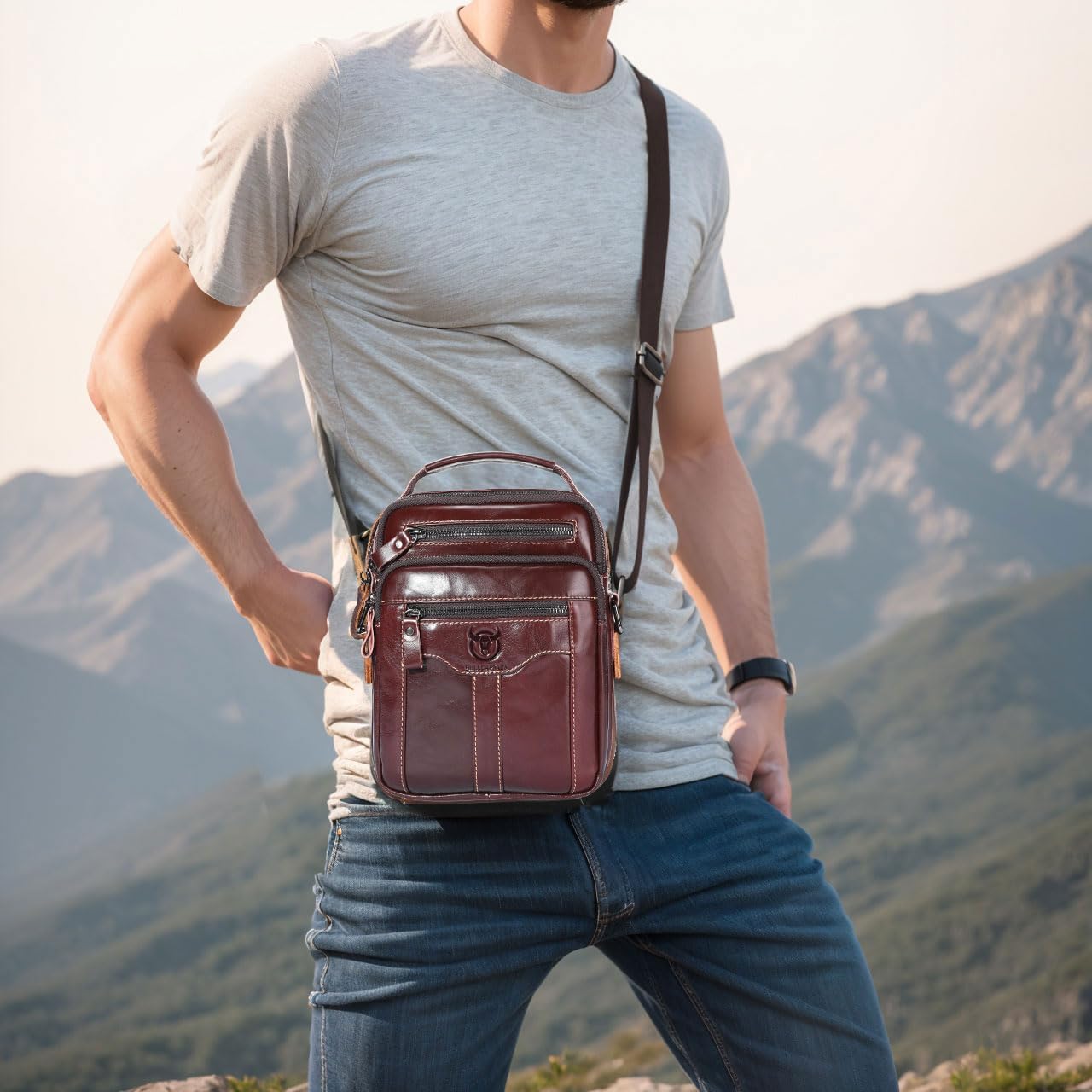 Leather Crossbody Bags for Men Casual Shoulder Bag Travel Messenger Bag Vintage Handbag Multi Pocket Satchel