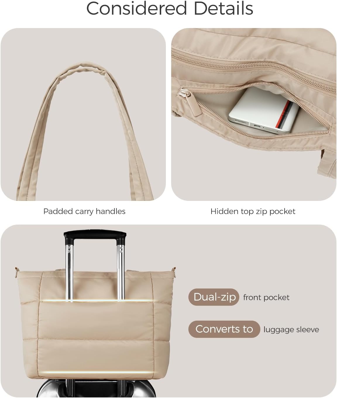 Puffer Tote Bag for Women, Lightweight Quilted Work Purse with Phone Pocket Fits 15.6" Laptop for Nurse Teacher Travel