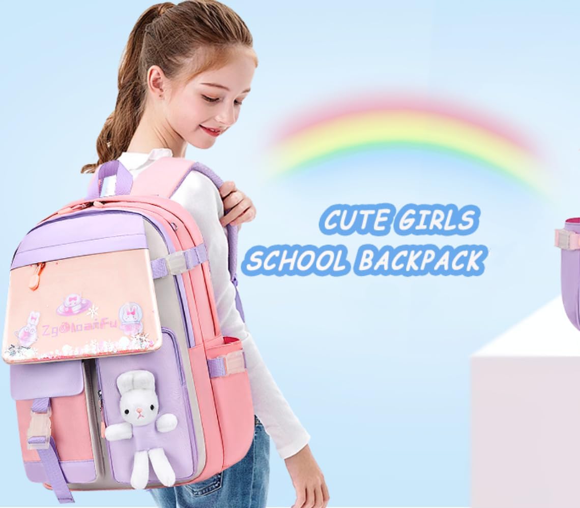 Girls Backpack, Kids Backpack for Girls School Bunny Book Bag for Elementary Primary School Kindergarten Elementary Preschool Middle