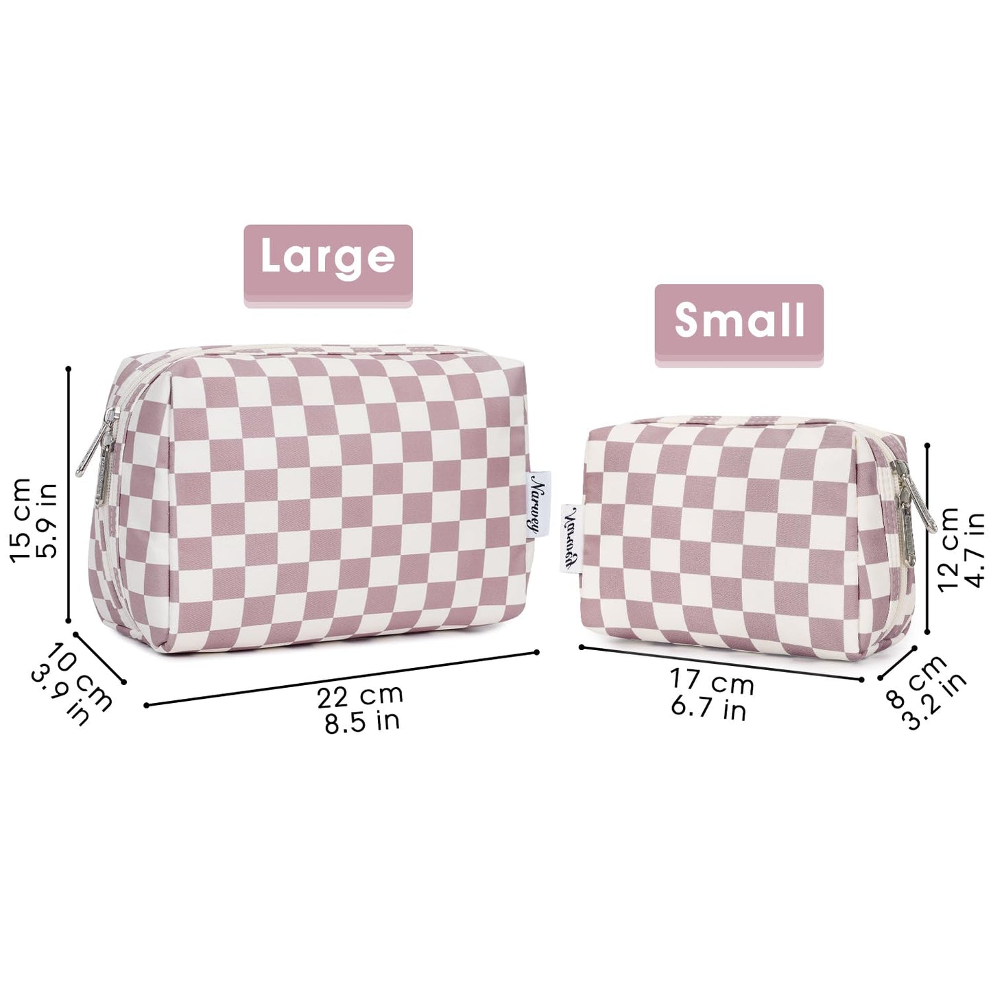 Narwey Checkered Makeup Bag Pink Travel Cosmetic Bag Organizer Toiletry Bag Make Up Bags with Compartments for Women Girls (Large, Dusty Rose Checkerboard)