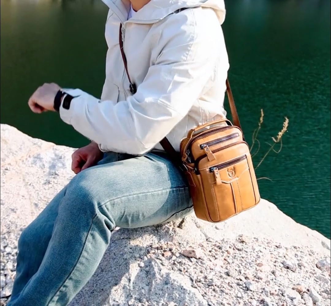 Leather Crossbody Bags for Men Casual Shoulder Bag Travel Messenger Bag Vintage Handbag Multi Pocket Satchel