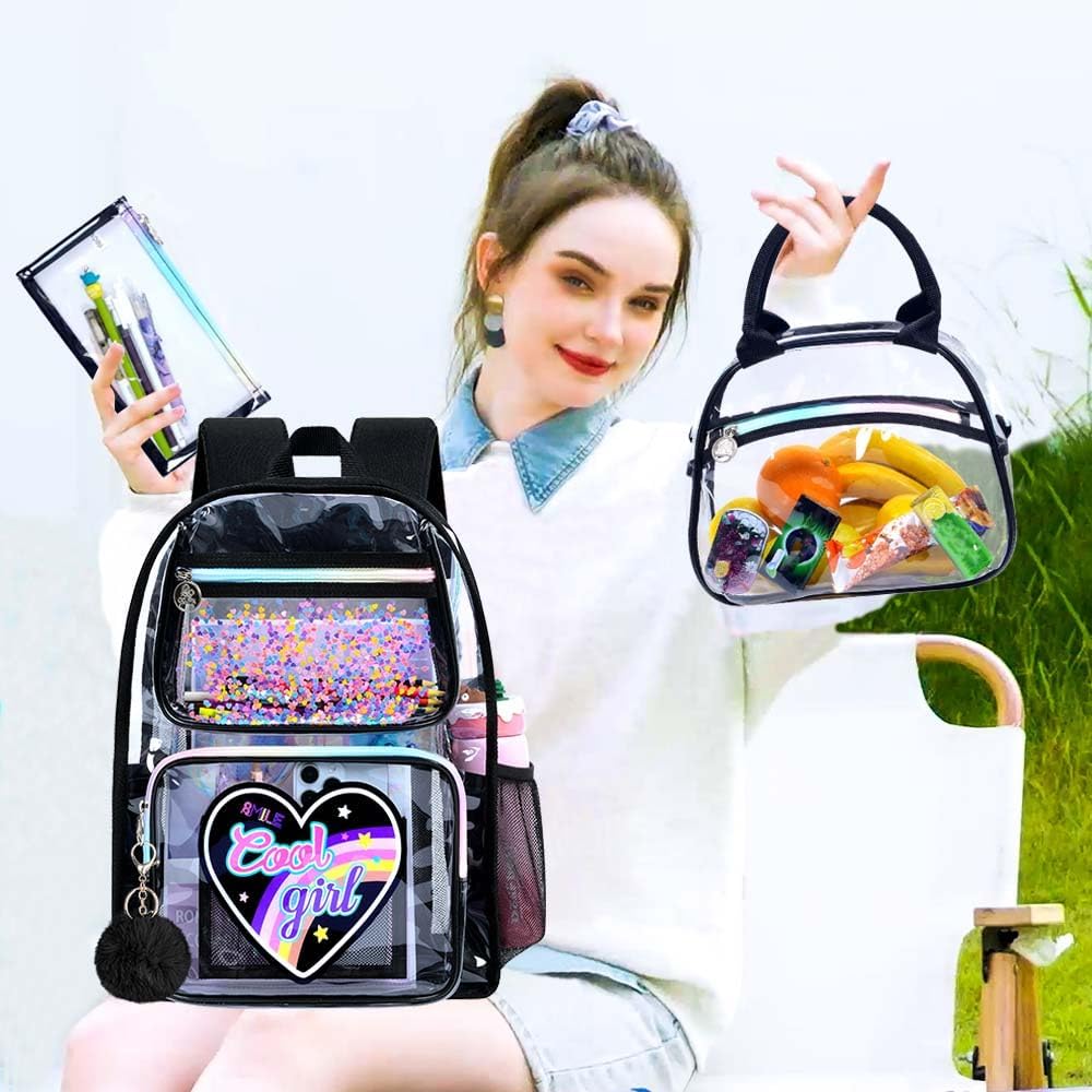 3PCS Girls Clear Backpack Heavy Duty, Cute Sequins See Through School Bag with Handbag, Womens Purple Transparent Bookbag