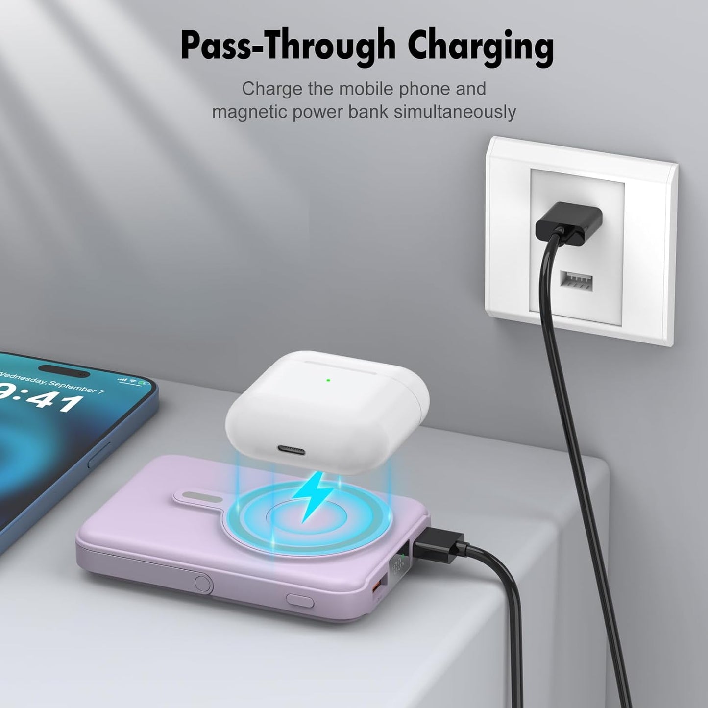 Wireless Portable Charger,3-in-1 Magnetic Power Bank 10000mAh with LED Display,22.5W Fast Charging Mag-Safe Battery Pack,Compatible with iPhone 15/14/13/12, Apple Watch Series, Airpods (Purple)