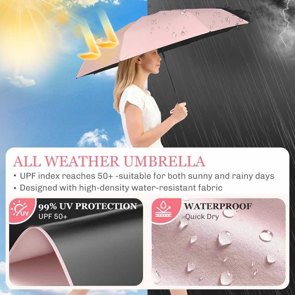 TOPSAIL Mini Umbrella Compact for Travel, UV Sun Protection(UPF50+), Waterproof for Light Rain