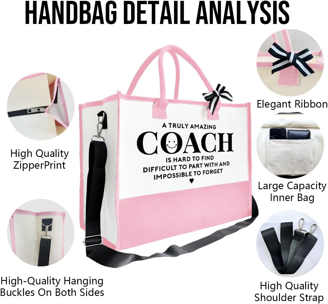 Amazing Coach Tote Bag, Women's Canvas Handbags, Shoulder Beach Bag, Thank You Gift for Female Coach, Gifts for Female Coaches, Canvas Tote Bag With Zipper, Makeup Bag E1