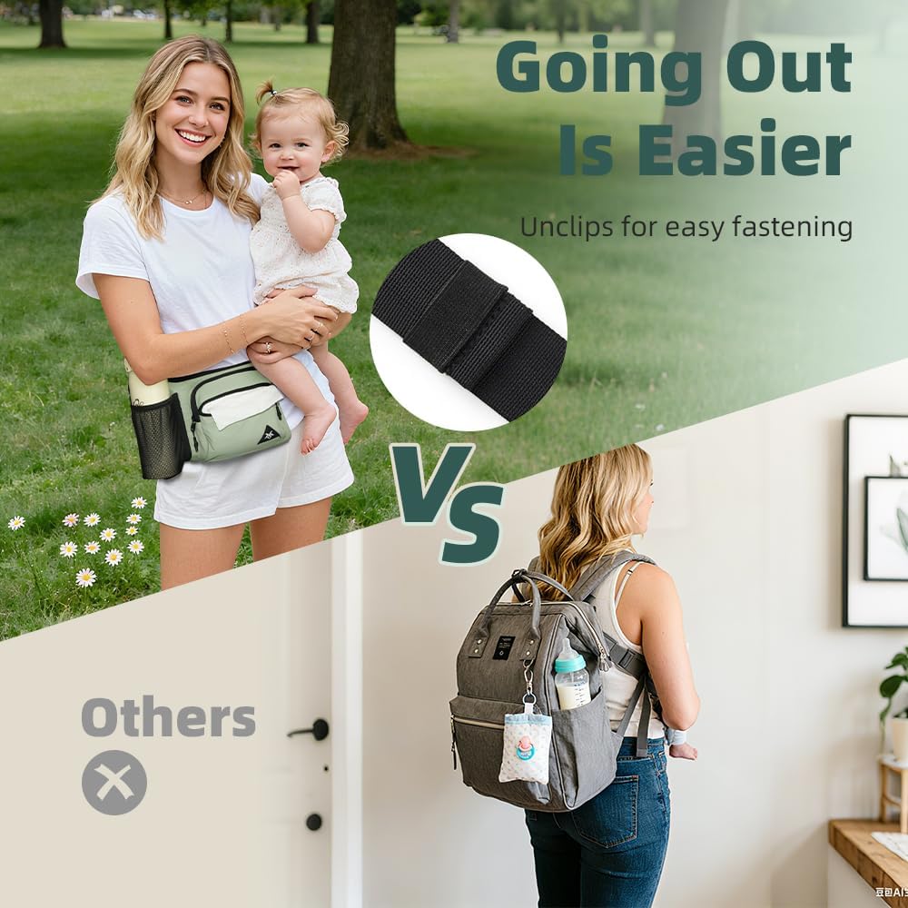 small fanny pack diaper bag,for women,with water bottle holder and tissue pocket,lightweight adjustable transverse nylon waist bag,for travel,picnic,daily use,green