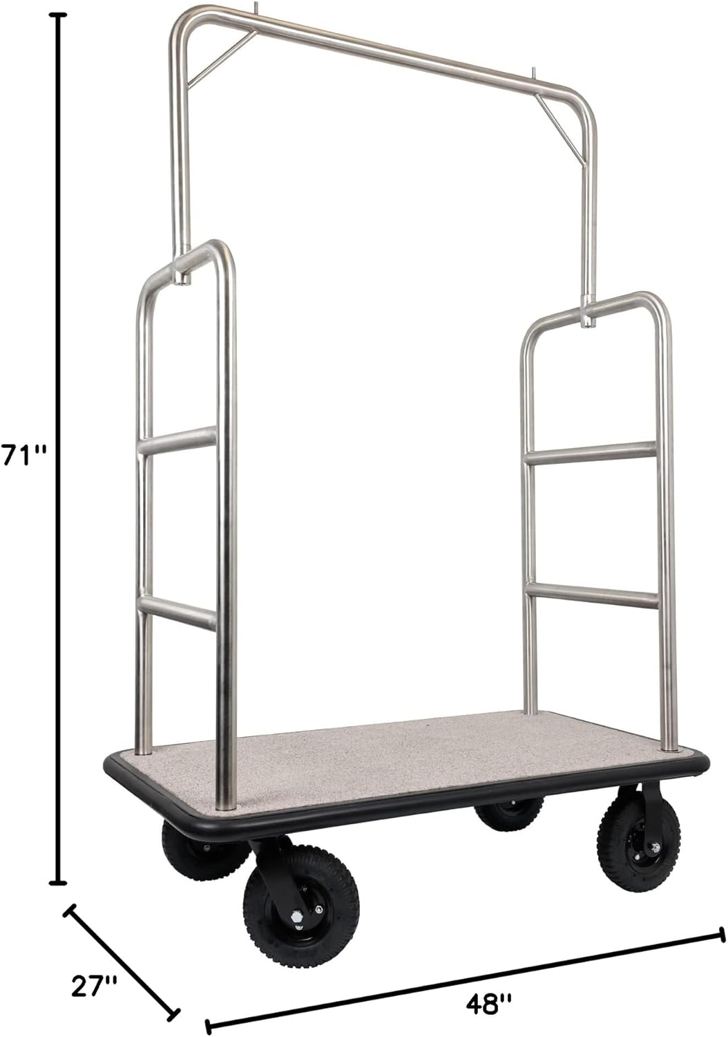 Stainless Steel Luggage Cart – Hotel Bellman Heavy Duty 1.5" Welded Steel Frame Valet Cart w/Grey Carpeted Deck & Rubber Wheels – Wheels for Travel & Outdoor Use - 1200 lb
