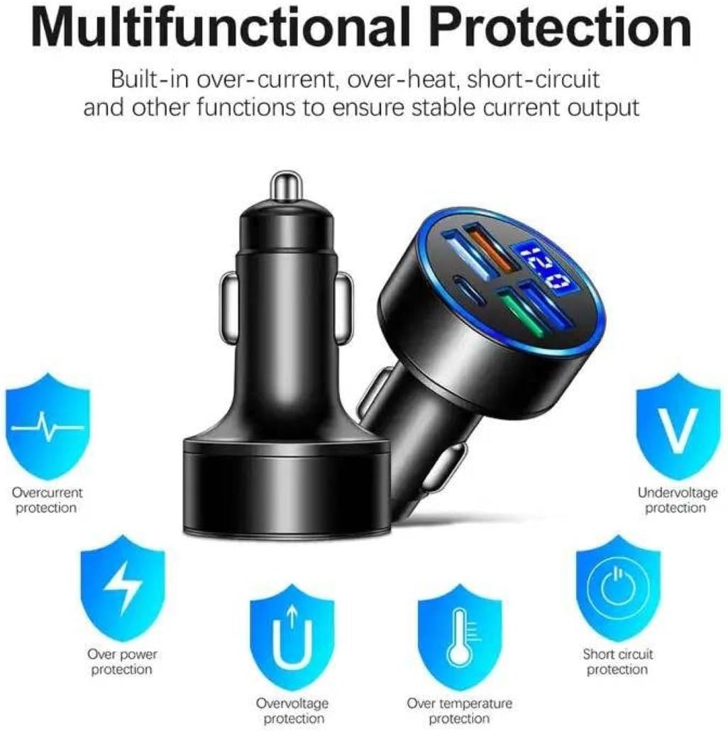 Car Charger 5 Port Cigarette Lighter USB Adapter LED Voltage Monitor (4USB+PD) Cigarette Lighter Adapter USB C Compatible with Android/iPhone and Tablets Devices
