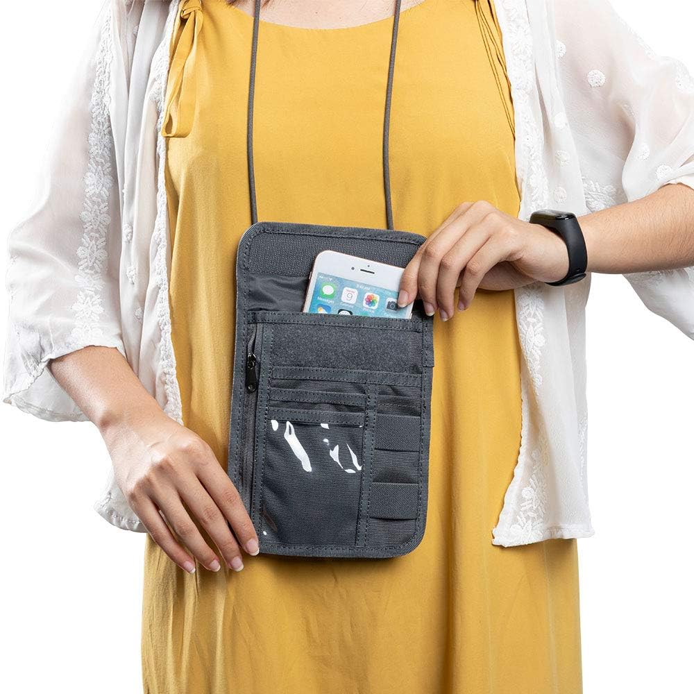 EXCELLENT ELITE SPANKER Passport Holder Neck Pouch RFID Nylon Blocking Travel Neck Wallet ID Card Organizer Pouch with Neck Lanyard(Grey)
