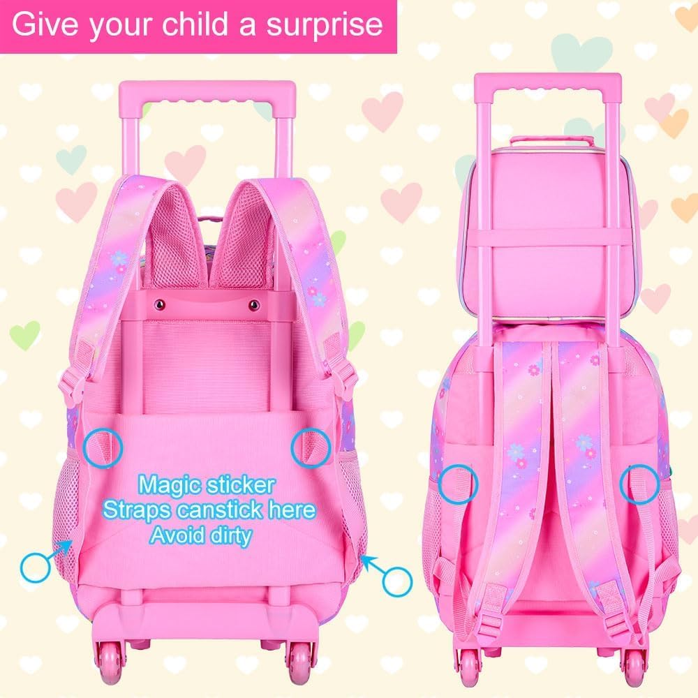 3PCS Rolling Backpack for Girls and Boys, Kids Roller Wheels Bookbag, Wheeled Elementary School Bag with Lunch Bag