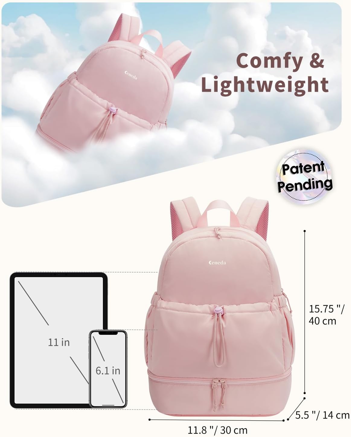 Ceneda Gym Backpack for Women, Lightweight Puffer Backpack with Shoe Compartment, Wet Pocket & Tumbler Strap, Cute Daypack for Fitness, Daily Use & Travel (Pink)