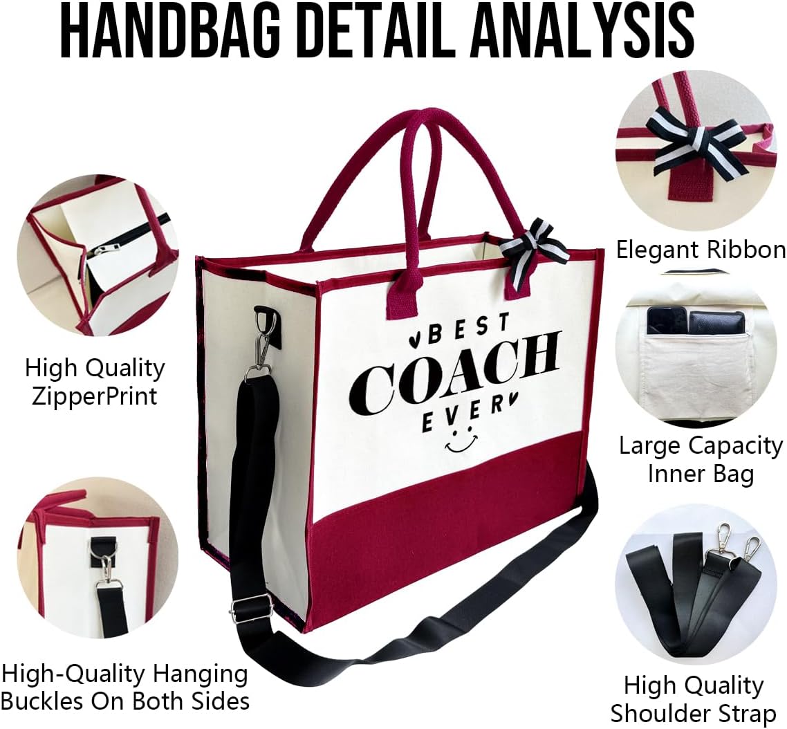 SUSZDOU Gifts for Best Coach Ever - Canvas Beach Tote Bag with Matching Makeup Pouch, Durable Travel Gym Camping Bag, Thank You Gift for Sports Coach, Female Trainers Gifts for Women A1