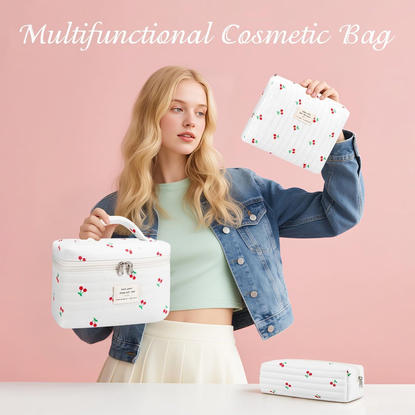 3Pcs Cotton Quilted Makeup Bag for Women Girls, Large Floral Cosmetic Bag Set Cute Makeup Brushes Aesthetic Accessories Storage Bag Cherry Travel Toiletry Bag Organizer