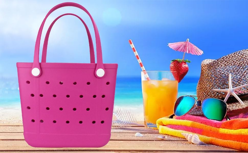 Medium Beach Bag, Waterproof Rubber Beach Bag, Washable Open Tote Bag Durable Tote Travel Bags for Outdoor Sport