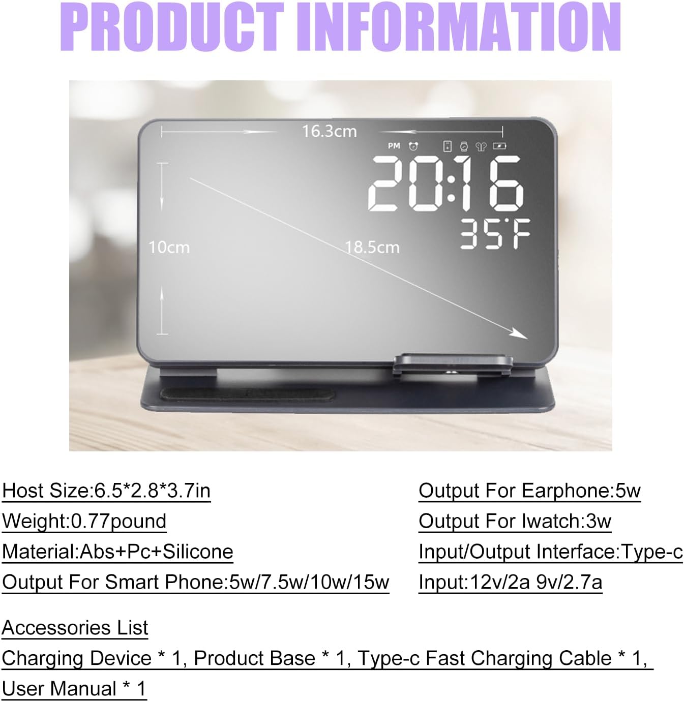 All-in-One Magnetic Charging Station with LED Alarm Clock, Temperature Display, and Makeup Mirror | Simultaneous Fast Charging for Smartphone, Smartwatch, Earbuds