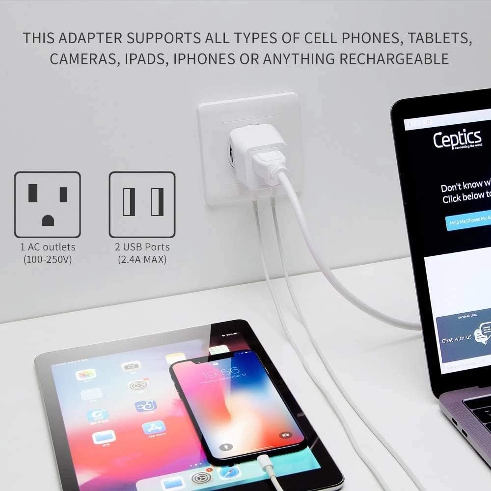 Ceptics South Africa Travel Plug Set - with 2 USB + USA Socket Input - Type M and Type G - Ultra Compact - Safe Grounded Perfect for Cell Phones, Laptops, Camera Chargers