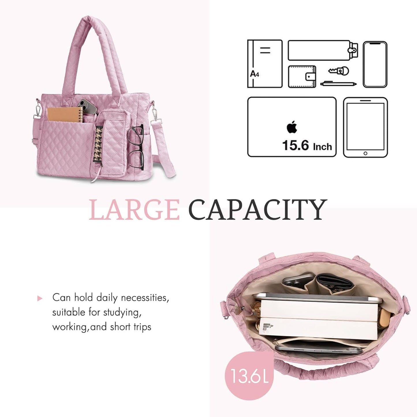 Tote Bag for Women Purses and Weekender Bags Quilted Shoulder Bags 2PCS with Zipper