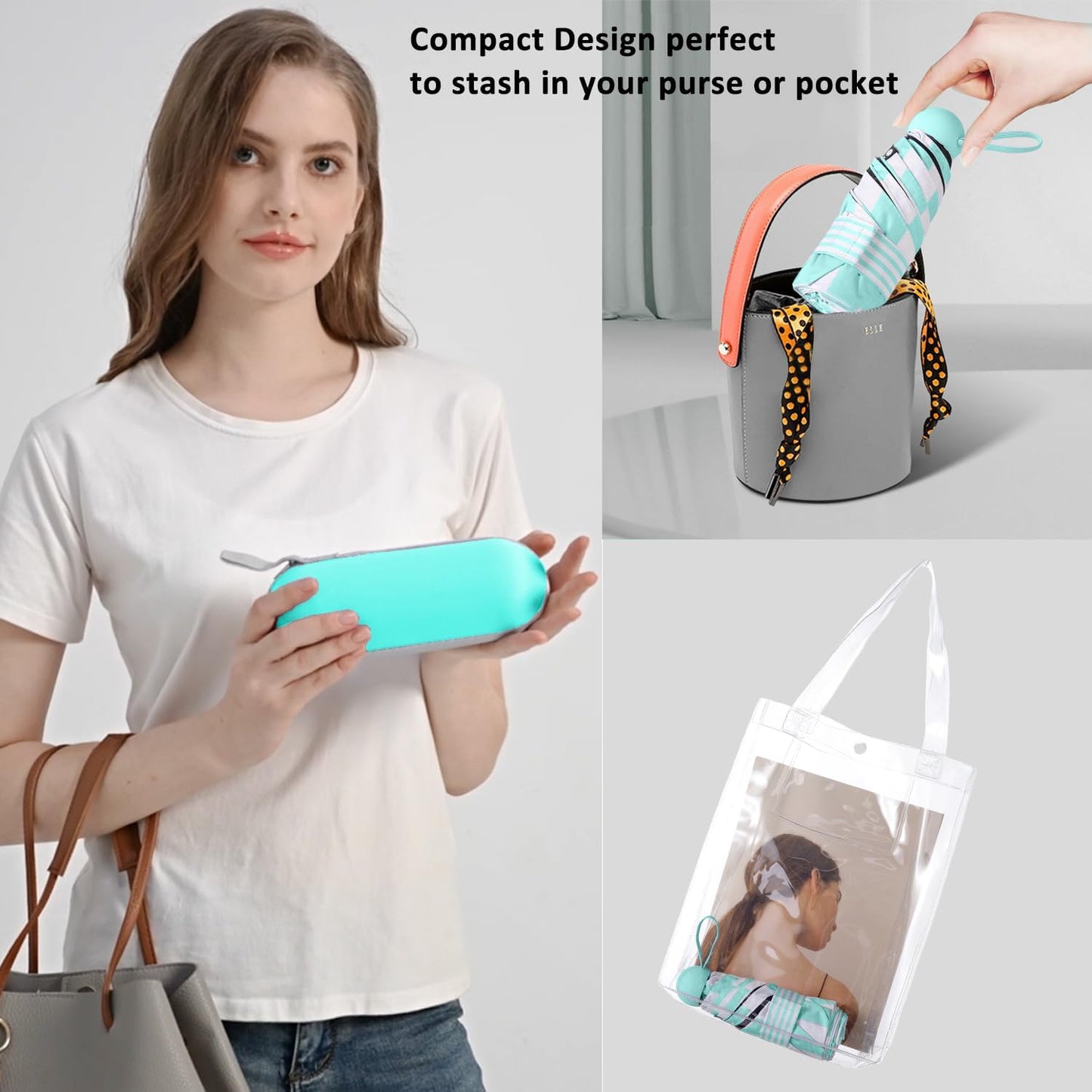 BAODINI Travel Essentials Mini Umbrella for Purse With Case Small Compact UV Sun Protection Lightweight Tiny Pocket Manual Open Close Umbrella for Women Kids and Men Fit Purse Backpack