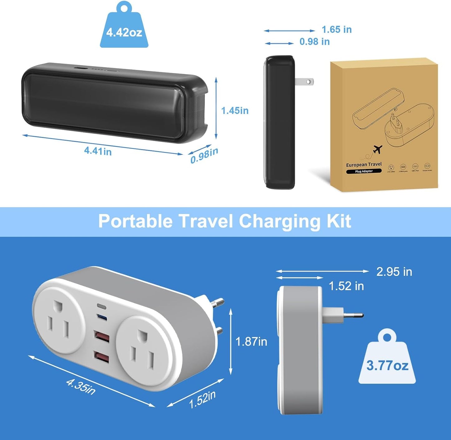 European Travel Plug Adapter & Power Bank – PD20W Fast Charger, CHUAFIUR US to Europe Plug Adapter with 2 Outlets 3 USB Charging Ports, PD 20W Fast Charger + 5000 mAh Power Bank, Traveling Essentials