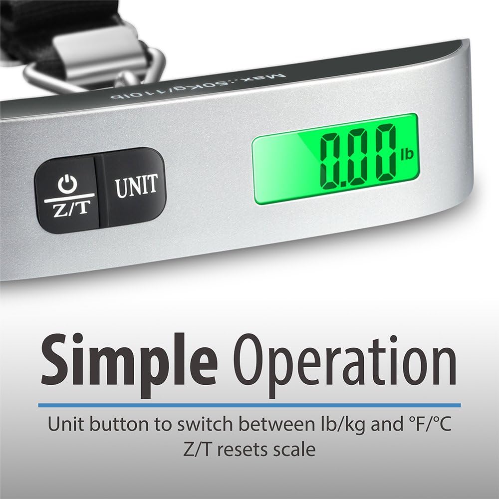 Fosmon Digital Luggage Scale, LCD Display Backlight Temperature Baggage Scale with 110lbs Capacity, Portable Stainless Steel Hanging Luggage Weight Scale with Tare Function for Travelers - Silver