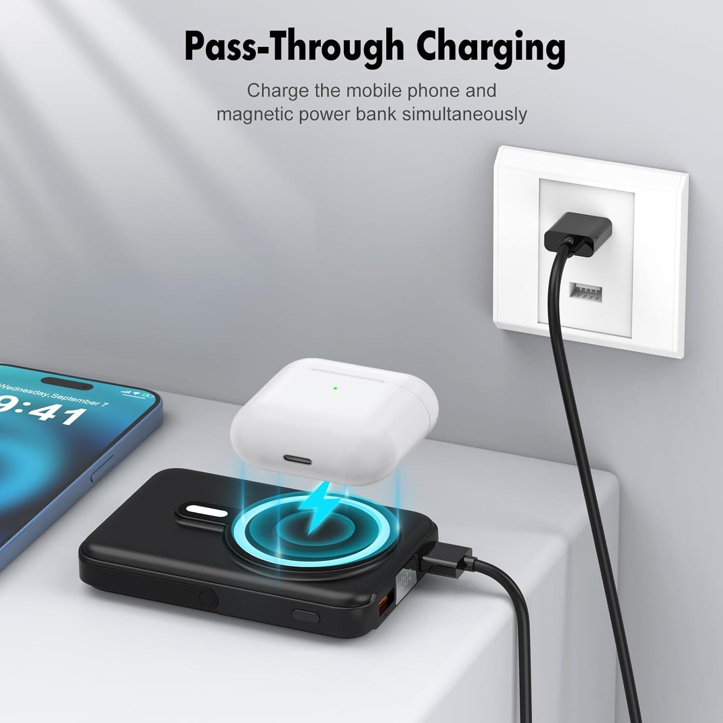 Wireless Portable Charger,3-in-1 Magnetic Power Bank 10000mAh with LED Display,22.5W Fast Charging Mag-Safe Battery Pack,Compatible with iPhone 15/14/13/12, Apple Watch Series, Airpods (Black)