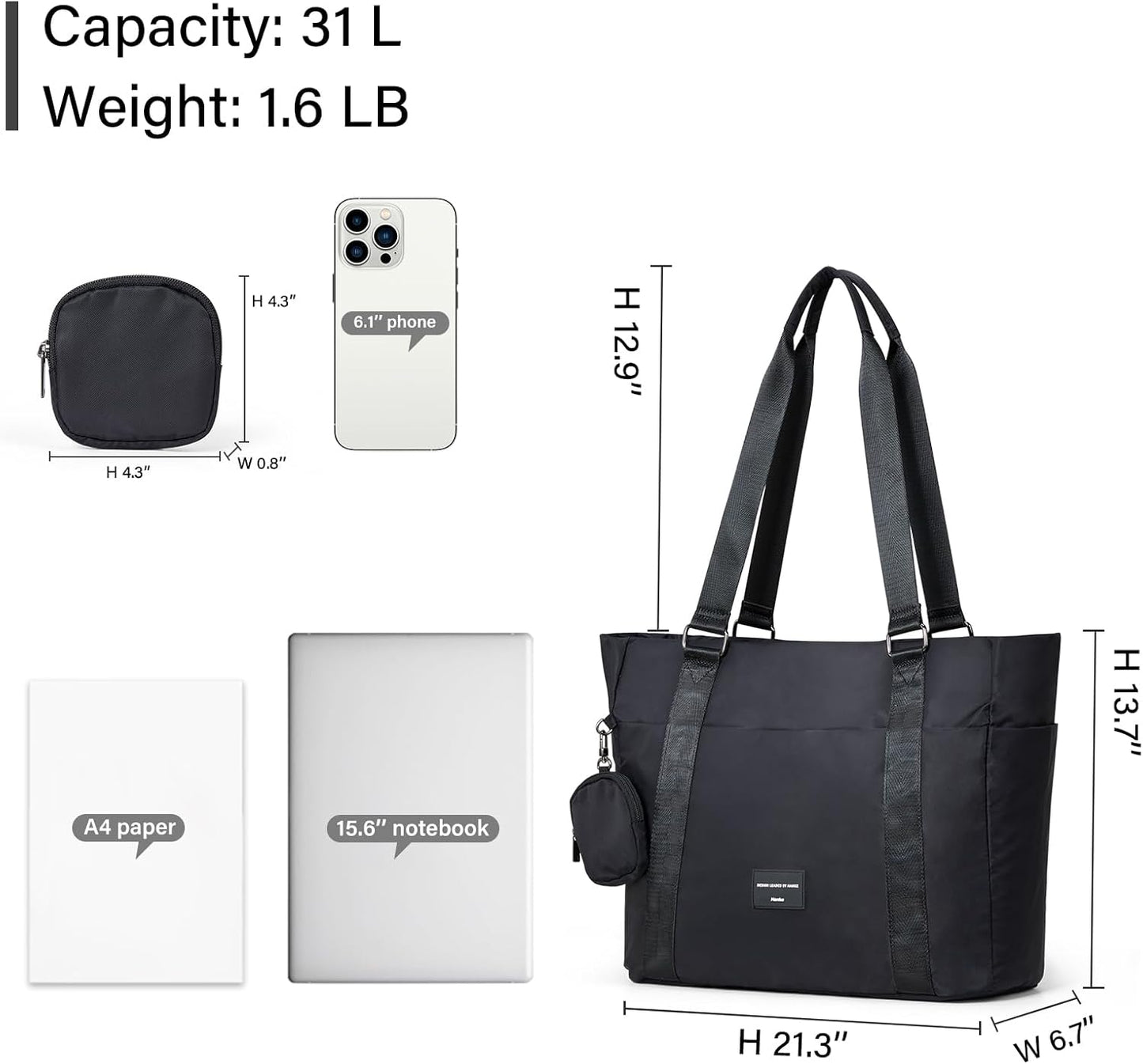 Hanke Laptop Tote Bag with Zipper Lightweight Womens Tote Bags for Work Nylon Bag Shoulder Bag Weekend Bag Travel Bag Sports Gym Bag .(Graphite Black)