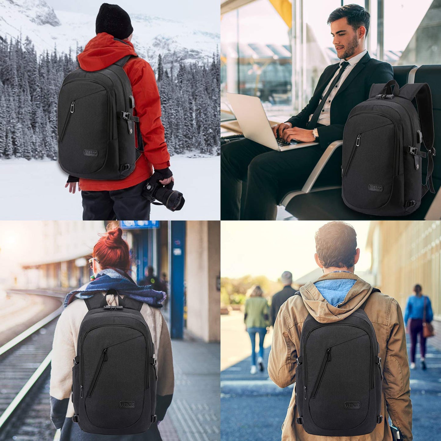 WENIG Anti-Theft Travel Laptop Backpack with USB Charging Port Lock,Water Resistant Slim Work