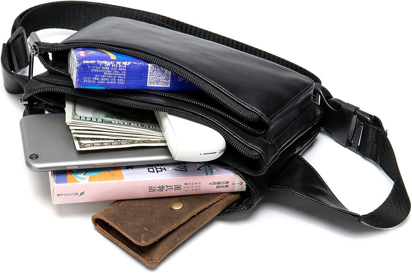 Niucunzh Fanny Packs for Women Lightweight Lambskin Leather Waist Bag Sport Men Belt Purse Hip bags Hands-Free Bumbag Black